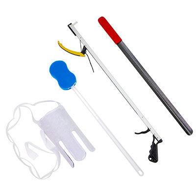 FabLife Hip Kit: 26" reacher, contoured sponge, flexible sock aid, 24" metal shoehorn — for Hip Kits in Clinical and Institutional Care