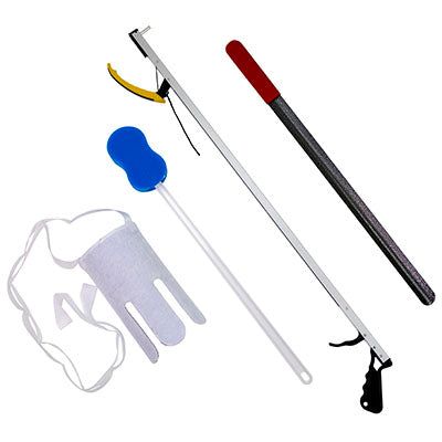 FabLife Hip Kit: 32" reacher, contoured sponge, flexible sock aid, 24" metal shoehorn — for Hip Kits in Clinical and Institutional Care