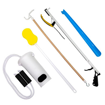 FabLife Hip Kit: 26" Reacher, contoured sponge, formed sock aid, 18" plastic shoehorn, 24" dressing stick — for Hip Kits in Clinical and Institutional Care