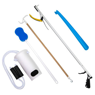 FabLife Hip Kit: 32" reacher, contoured sponge, formed sock aid, 18" plastic shoehorn, 24" dressing stick — for Hip Kits in Clinical and Institutional Care