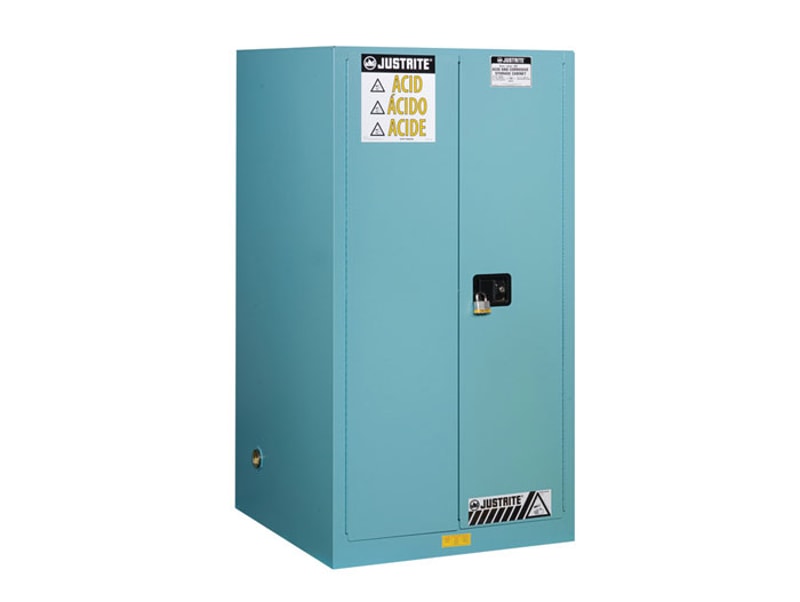 Justrite 8960022 Chemcor Corrosives Acids Safety Cabinet Cap 60 Gallons 2 Shelves 2 Manual Close Doors Blue