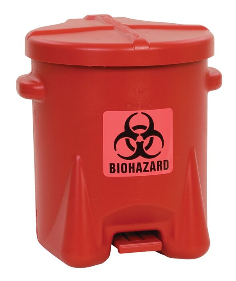 Justrite 943BIO 6 Gallon Biohazardous Plastic Waste Can, Foot-Operated, Red