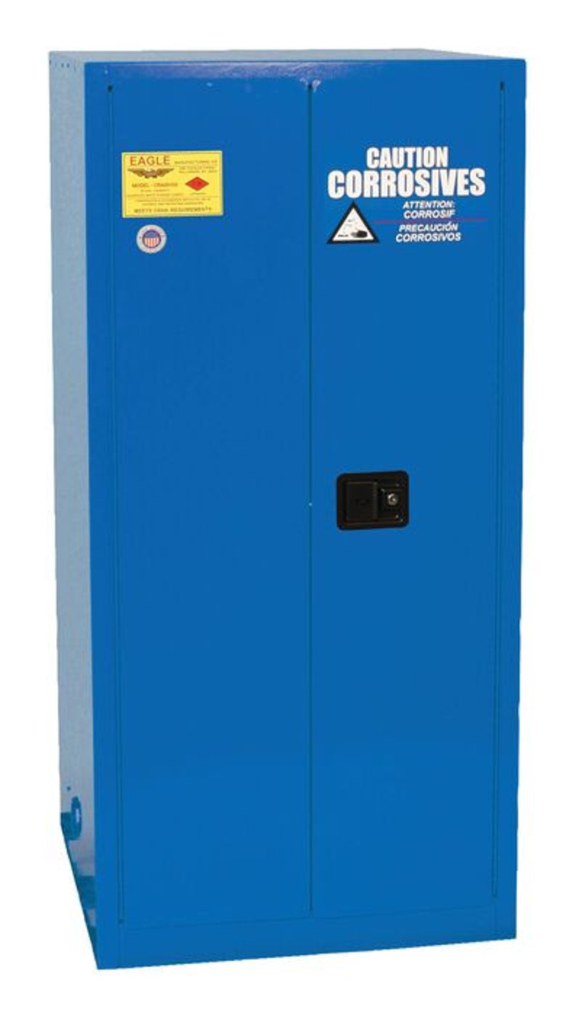 Justrite CRA2610X Acid Corrosive One Drum Vertical Metal Safety Cabinet 55 Gallon 1 Shelf 2 Door Self Close Blue