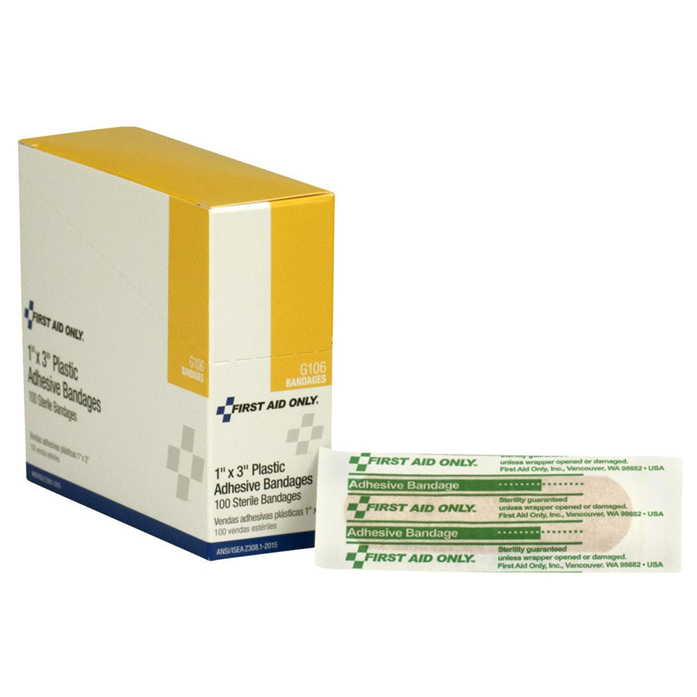 First Aid Only 1" x 3" Adhesive Plastic Bandages, 100 Per Box