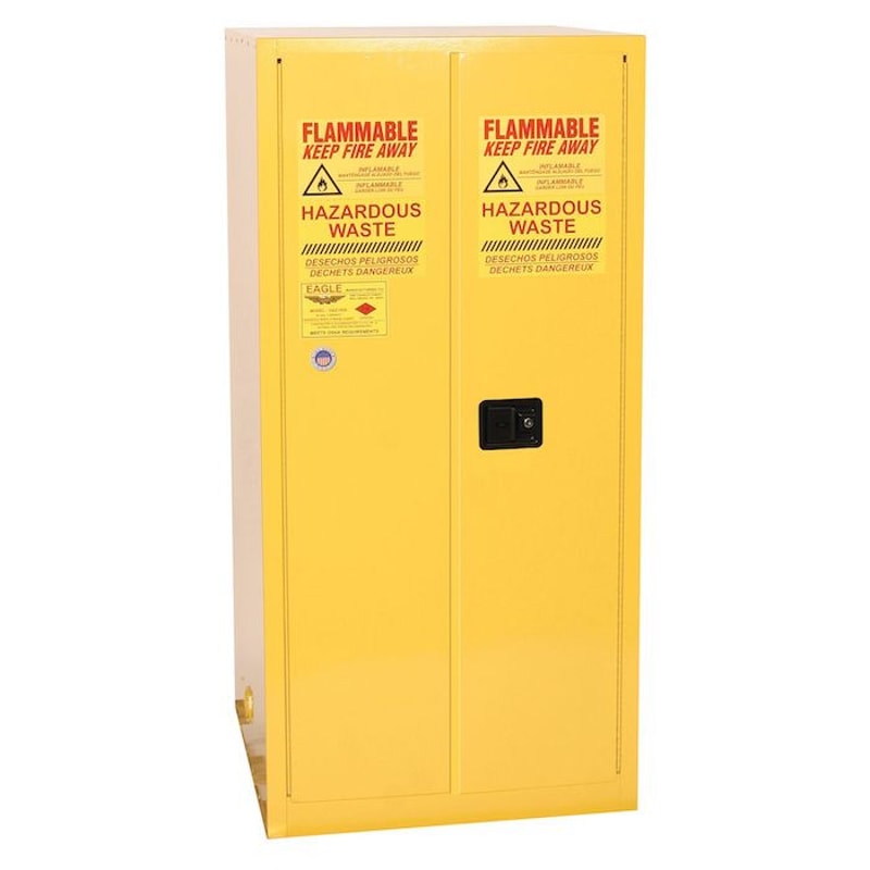 Justrite HAZ2610X Haz Mat One Drum Vertical Safety Cabinet 55 Gallon 1 Shelf 2 Door Self Close Yellow