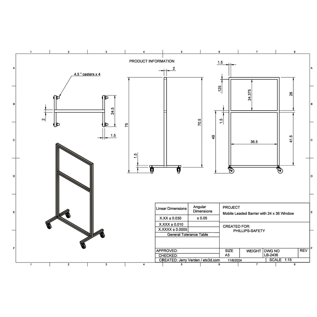Phillips Safety Mobile Leaded Barrier with 36" x 24" Viewing Window for Full-Body Radiation Protection