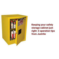 Justrite 110 Gallon, 2 Drum Vertical, 1 Shelf, 2 Doors, Manual Close, Flammable Cabinet With Drum Support, Sure-Grip EX