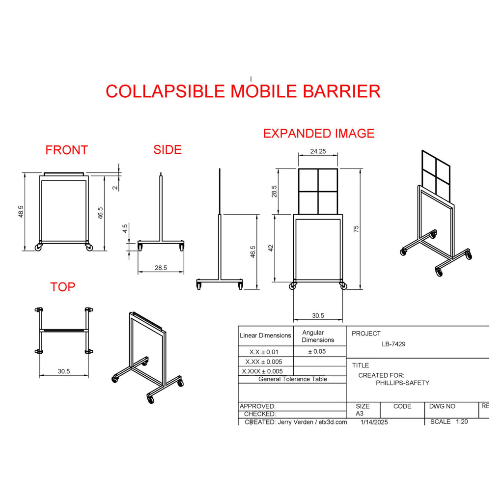 Phillips Safety Collapsible Mobile Leaded Barrier | 2.0mm Pb Eq Protection with 24" x 28" Viewing Window
