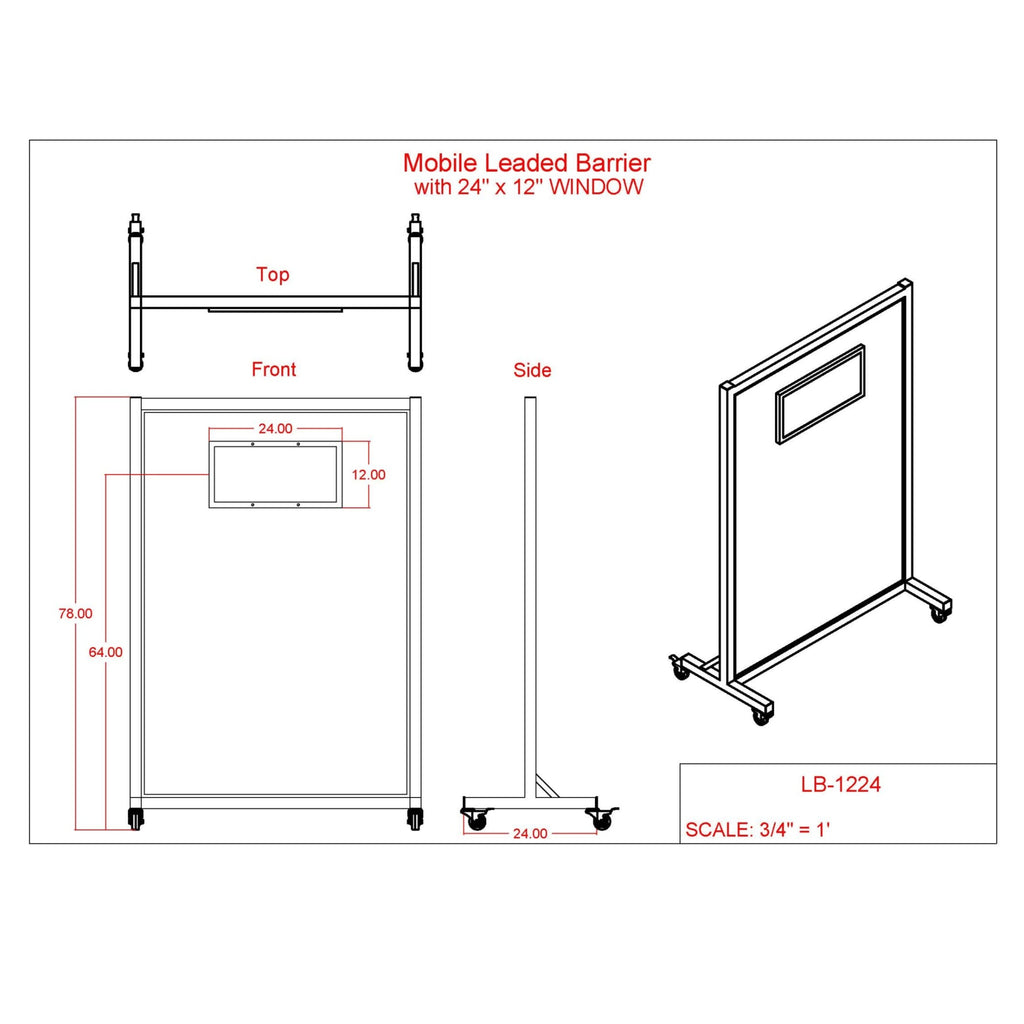 Phillips Safety Mobile Leaded Barrier | 2.0mm PbEq Protection with 24" x 12" Viewing Window