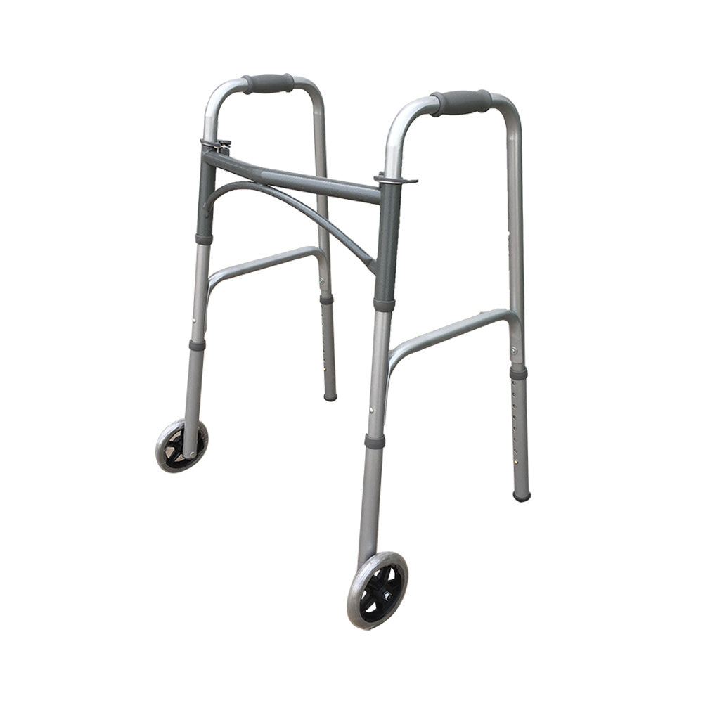 Rhythm Healthcare Bariatric Extra-Wide Two-Button Folding Walker with Wheels | Heavy-Duty Reinforced Aluminum Mobility Frame with 500 lb Capacity