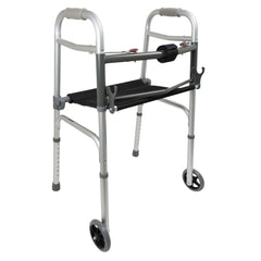Compass Health Two-Button Folding Walker with Wheels and Roll-Up Seat