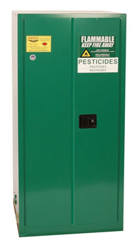 Justrite PEST2610X Pesticide One Drum Vertical Safety Cabinet 55 Gallon 1 Shelf 2 Door Self Close Green