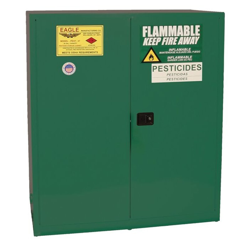 Justrite PEST5510X Pesticide Two Drum Vertical Safety Cabinet 110 Gallon 1 Shelf 2 Door Self Close Green