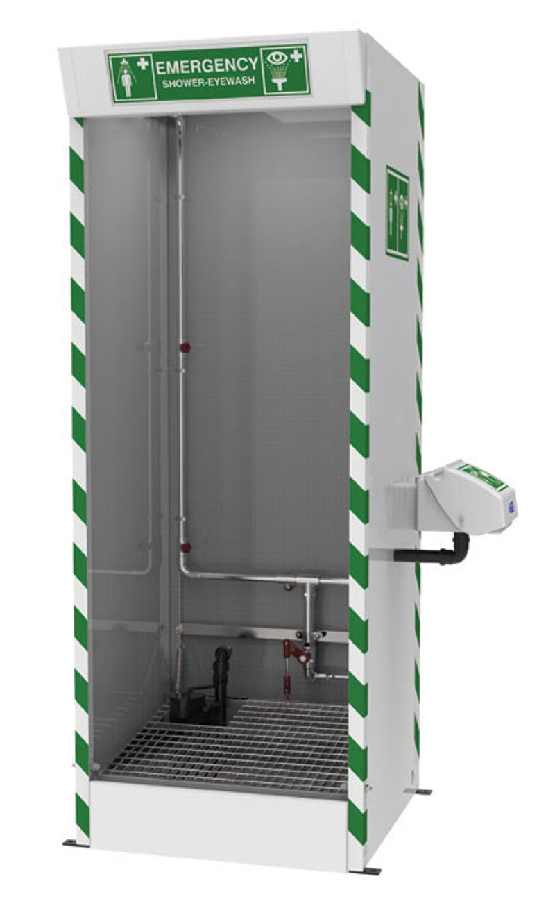 Justrite SD31K45G-PUMP Multi-Nozzle Body Wash with Eye and Face Wash, Hughes Emergency Cubicle Shower, Sump Pump, 120V