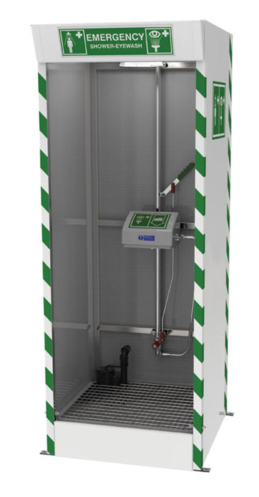 Justrite SD32K45G-PUMP Covered ABS Eye and Fash Wash, Hughes Emergency Cubicle Shower, Sump Pump, 120V