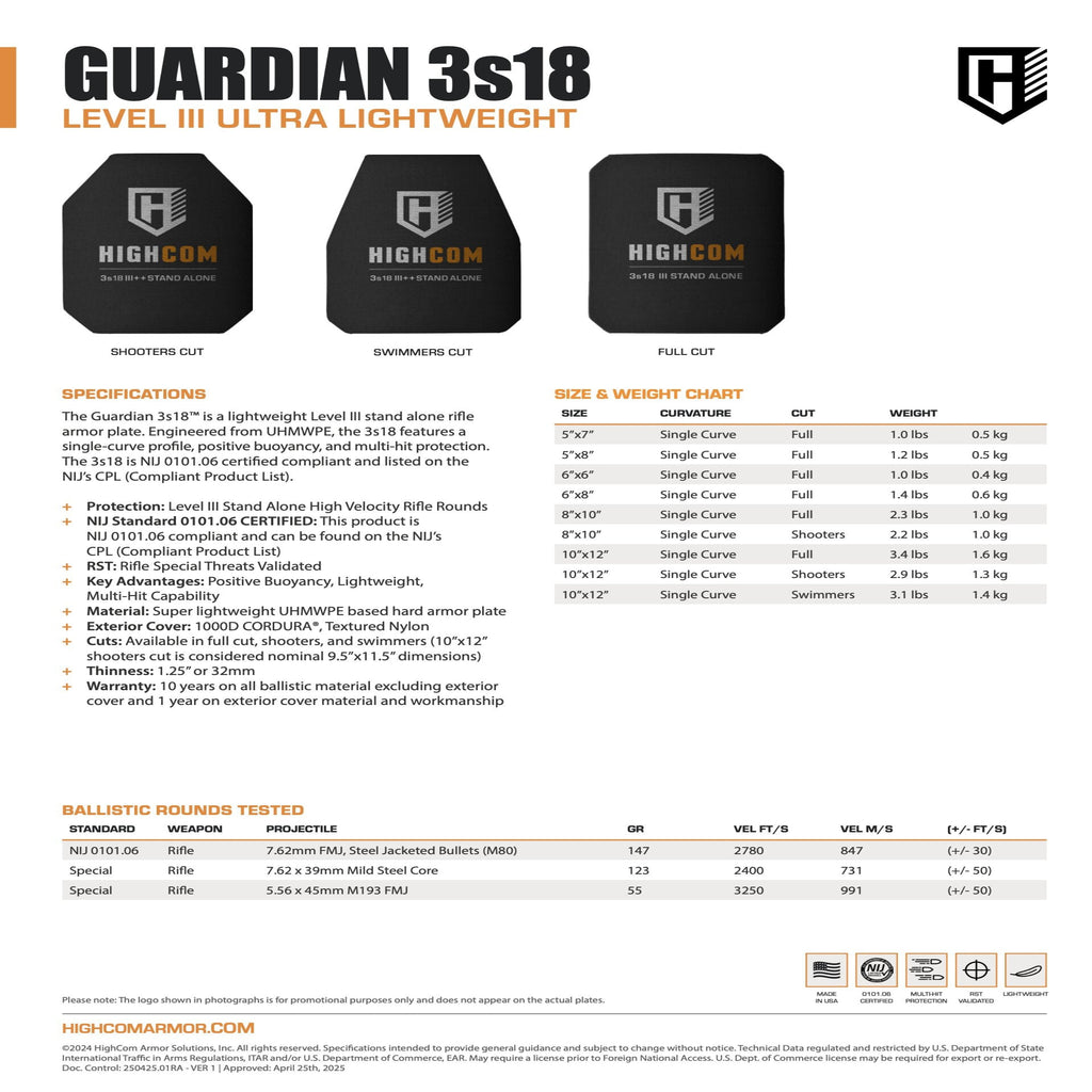 HighCom Guardian 3s18 Level III Ultra-Lightweight Buoyant Rifle Armor Plate
