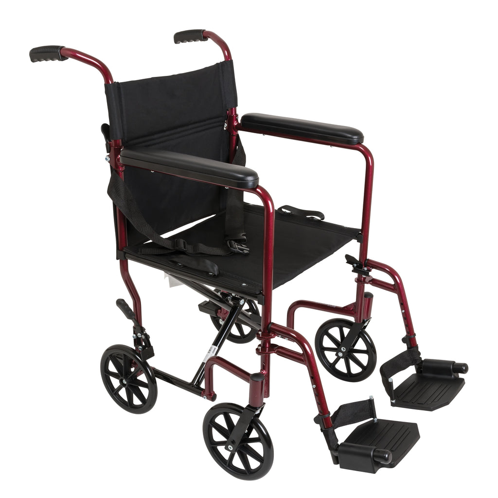 Compass Health ProBasics Aluminum Transport Chair with Footrest, Burgundy - Lightweight Mobility for Home and Travel