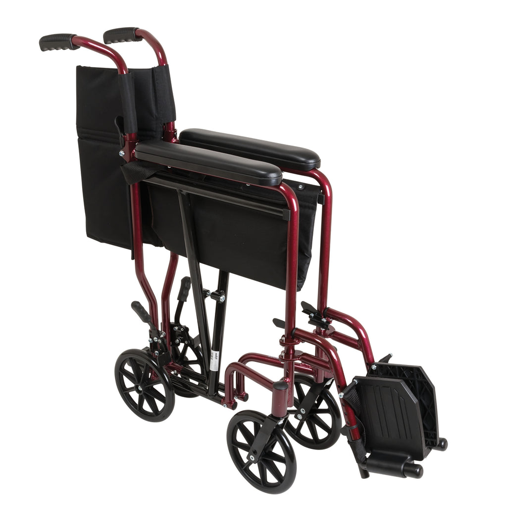 Compass Health ProBasics Aluminum Transport Chair with Footrest, Burgundy - Lightweight Mobility for Home and Travel
