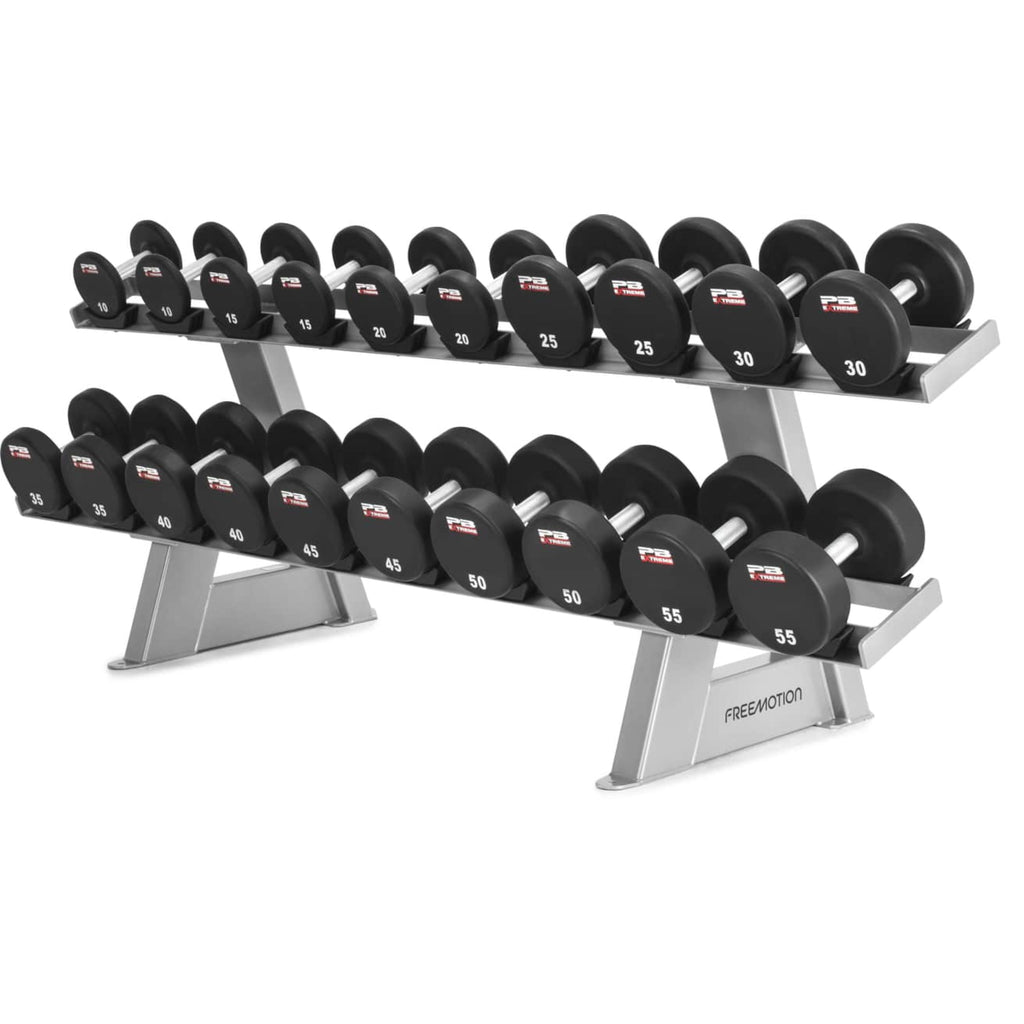 Freemotion Twin Tier Dumbbell Rack – Dual-Shelf 10-Pair Storage System with Individual Urethane Saddles