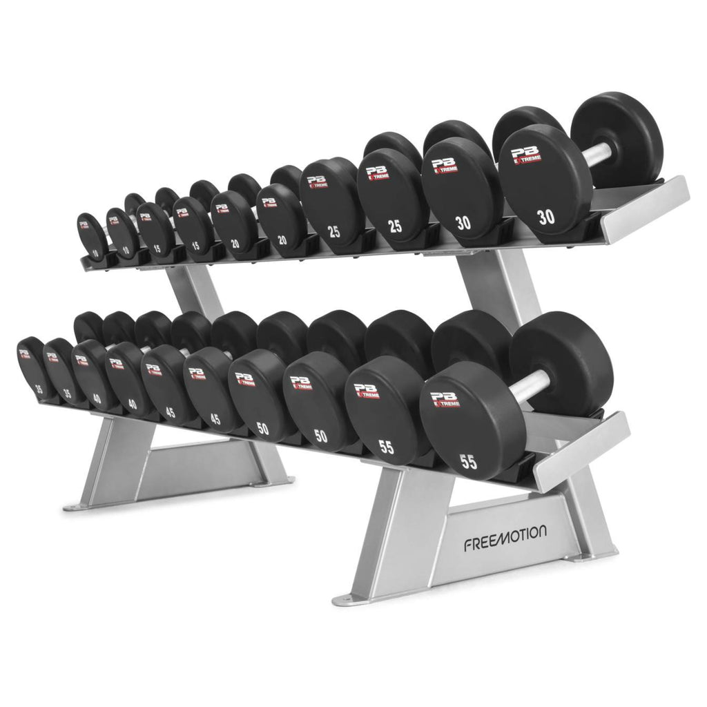 Freemotion Twin Tier Dumbbell Rack – Dual-Shelf 10-Pair Storage System with Individual Urethane Saddles