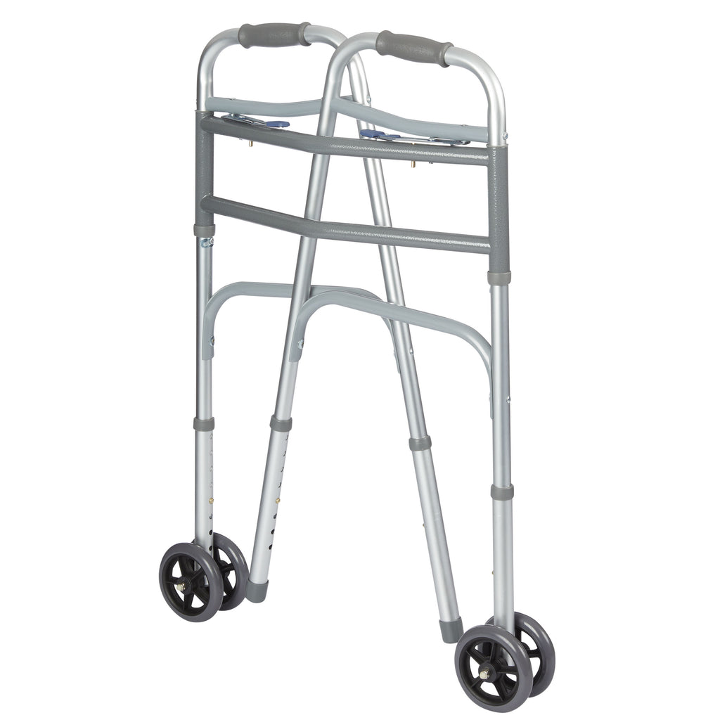 Rhythm Healthcare Bariatric Extra-Wide Two-Button Folding Walker with Wheels | Heavy-Duty Reinforced Aluminum Mobility Frame with 500 lb Capacity