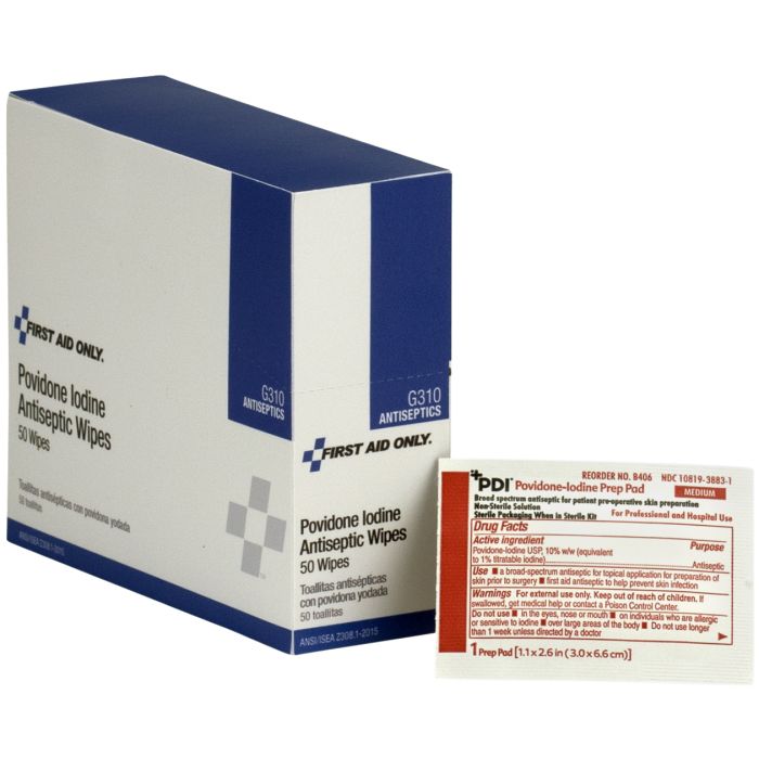 First Aid Only Povidone-Iodine Antiseptic Wipes | 50-Count Prep Pad Box