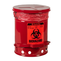 Justrite Biohazard Waste Can, 6 Gallon, Foot-Operated Self-Closing Cover, White