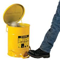 Justrite Oily Waste Can, 6 Gallon, Foot-Operated Self-Closing Cover, Yellow