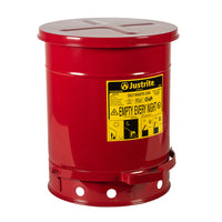 Justrite 10 Gallon, Oily Waste Can, Hands-Free, Self-Closing Cover, Red