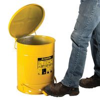 Justrite 10 Gallon, Oily Waste Can, Hands-Free, Self-Closing Cover, Yellow