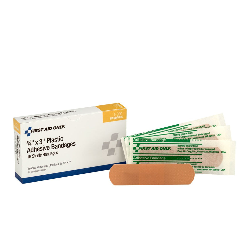 First Aid Only 3/4" x 3" Plastic Adhesive Bandages | Water-Resistant Industrial Wound Protection, 16 Per Box