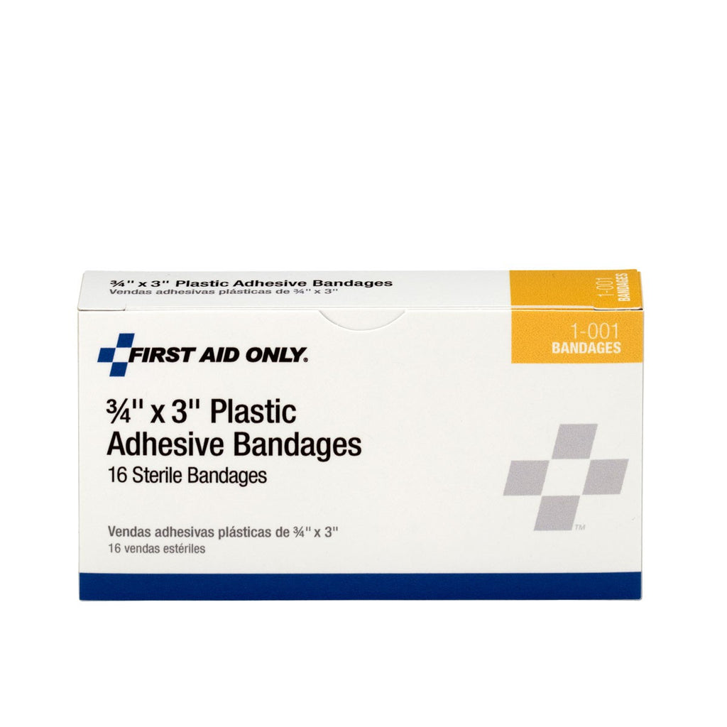 First Aid Only 3/4" x 3" Plastic Adhesive Bandages | Water-Resistant Industrial Wound Protection, 16 Per Box