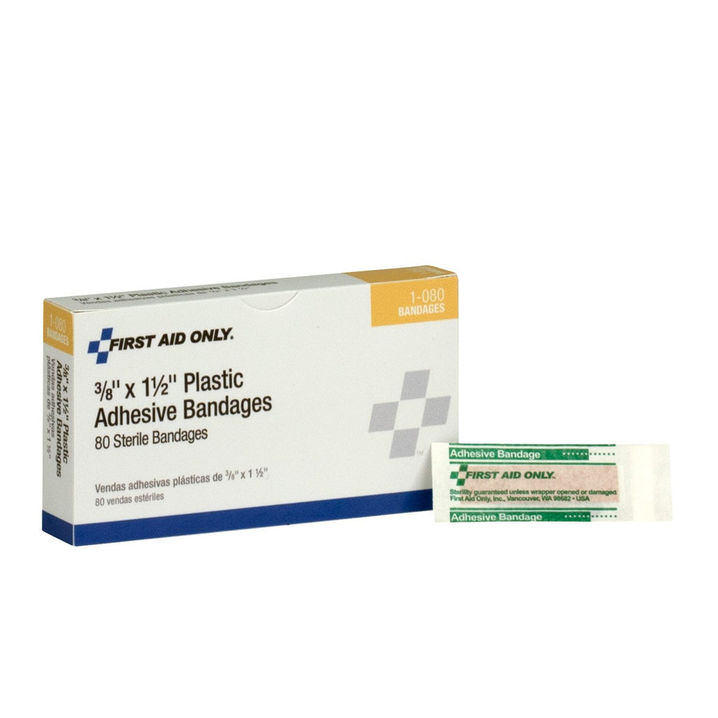 First Aid Only 3/8" x 1-1/2" Plastic Junior Bandages | High-Capacity Wound Care for Minor Abrasions, 80 Per Box