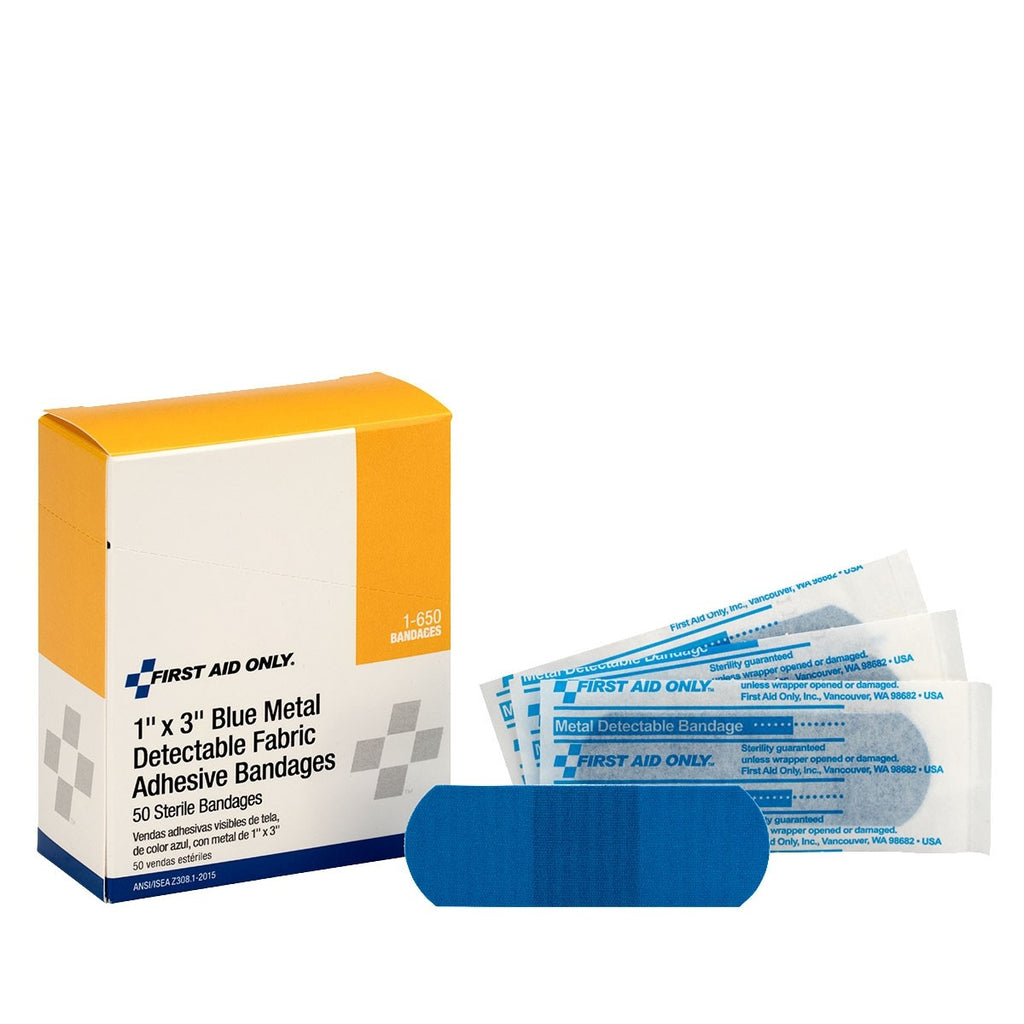First Aid Only Blue Metal Detectable 1" x 3" Fabric Bandages | 50 Per Box