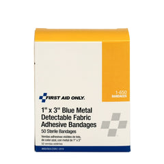 First Aid Only 1"x 3" Blue Metal Detectable Fabric Bandages, 50 Per Box
