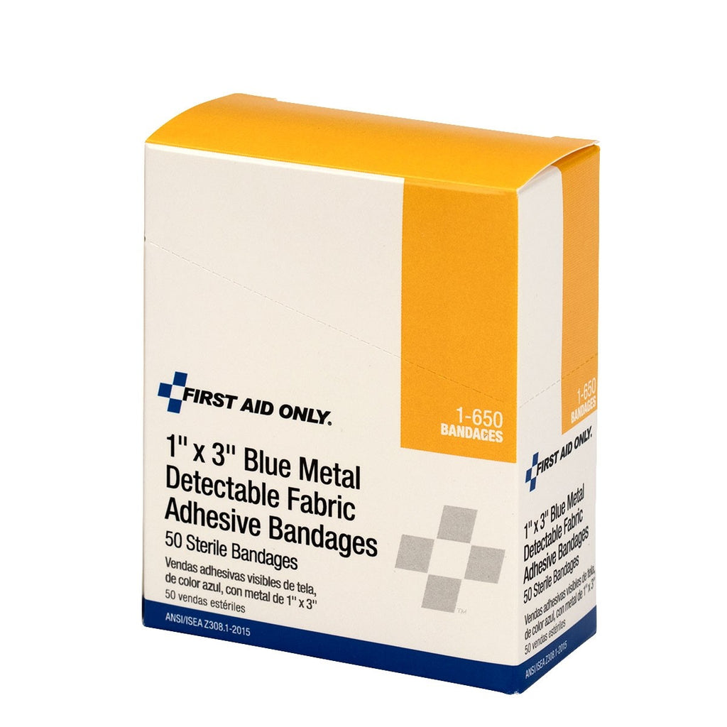 First Aid Only Blue Metal Detectable 1" x 3" Fabric Bandages | 50 Per Box