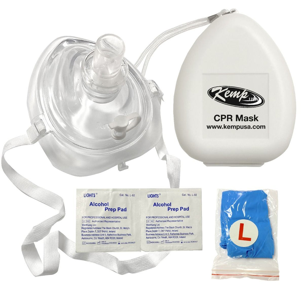 Kemp USA CPR Mask with O2 Inlet, Headstrap, Gloves, and Wipes (With Logo)