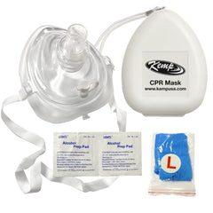Kemp USA CPR Mask with O2 Inlet, Headstrap, Gloves, and Wipes (With Logo)
