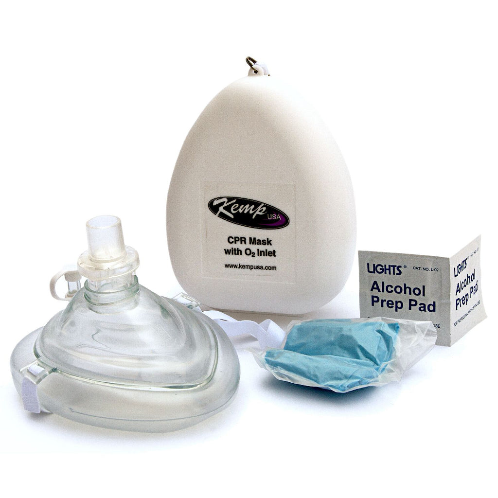 Kemp USA CPR Mask with O2 Inlet, Headstrap, Gloves, and Wipes (With Logo)