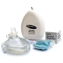 Kemp USA CPR Mask with O2 Inlet, Headstrap, Gloves, and Wipes (With Logo)