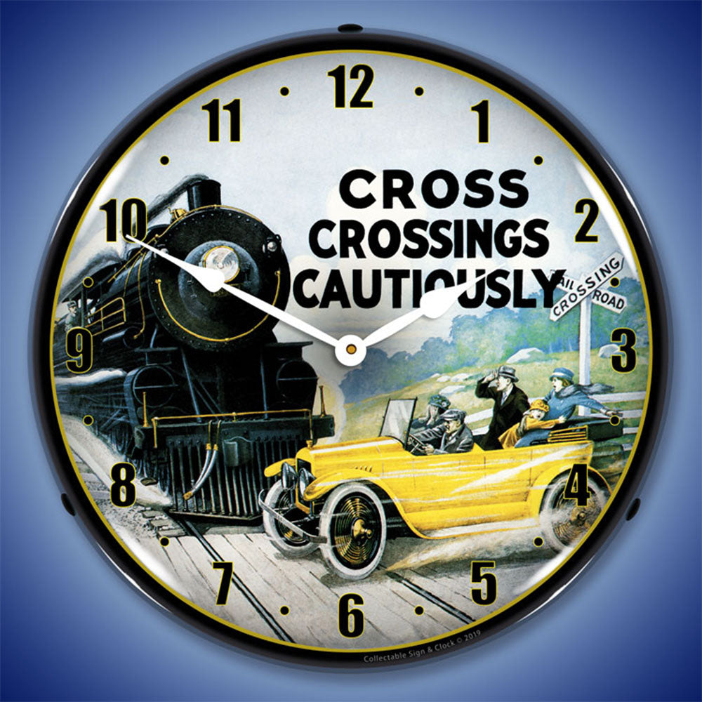 Collectable Sign & Clock Cross Crossings Cautiously Railroad Safety 2 14" LED Wall Clock – High-Visibility Vintage Industrial Punctuality
