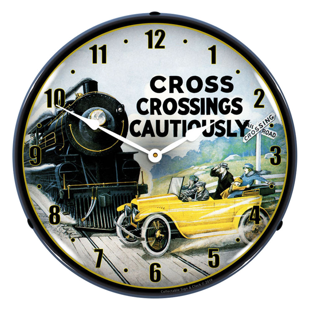 Collectable Sign & Clock Cross Crossings Cautiously Railroad Safety 2 14" LED Wall Clock – High-Visibility Vintage Industrial Punctuality