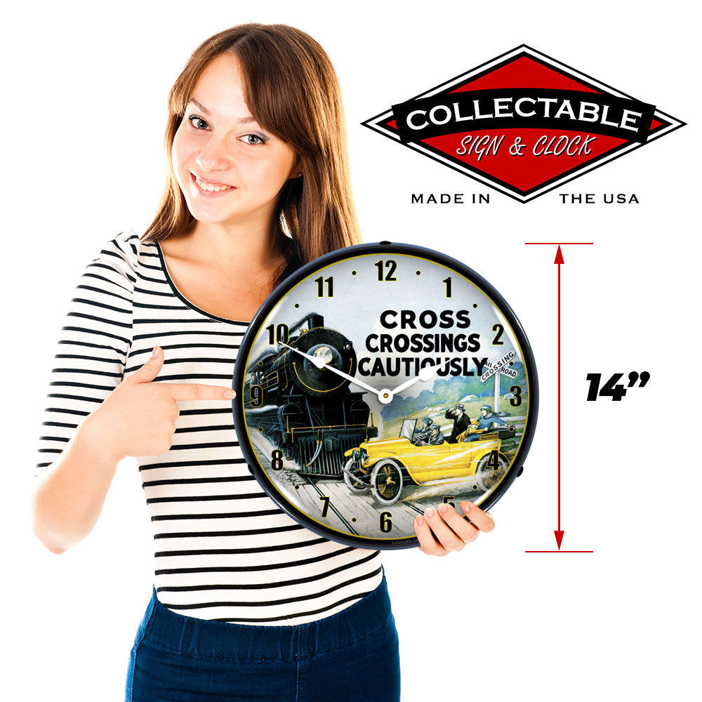 Collectable Sign & Clock Cross Crossings Cautiously Railroad Safety 2 14" LED Wall Clock – High-Visibility Vintage Industrial Punctuality