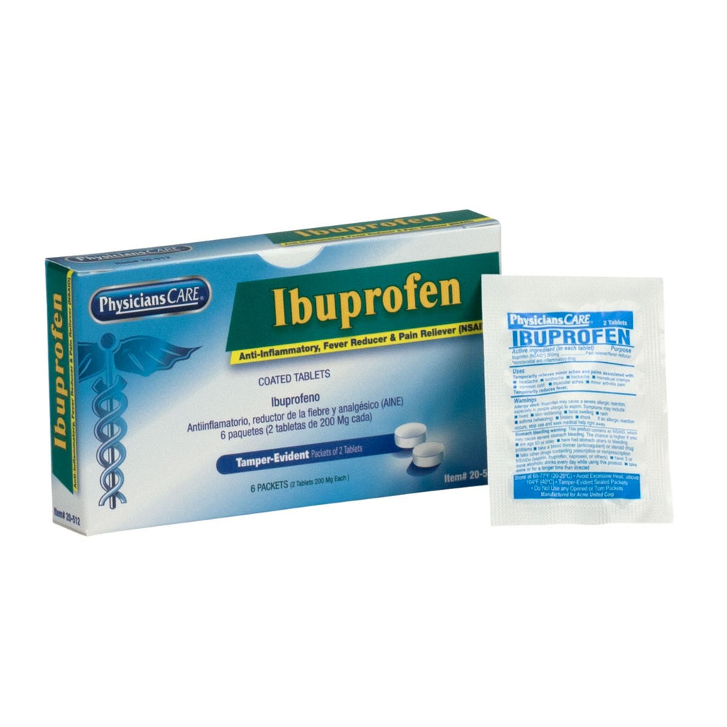 First Aid Only Physicians Care Ibuprofen Pain Reliever, 200mg, 6 Tablets