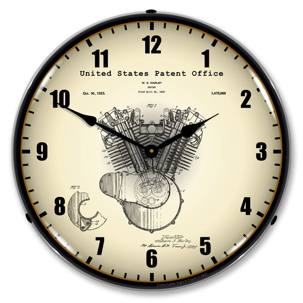 Collectable Sign and Clock Harley-Davidson Engine 1923 Patent 14-Inch LED Backlit Wall Clock