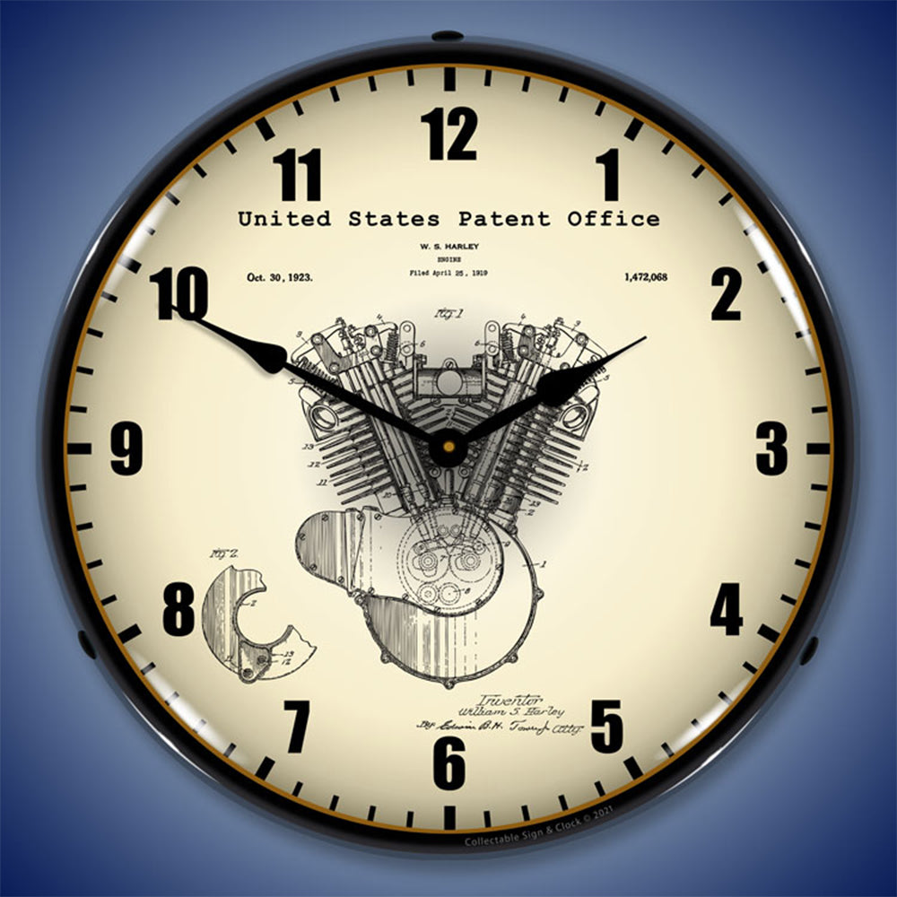 Collectable Sign and Clock Harley-Davidson Engine 1923 Patent 14-Inch LED Backlit Wall Clock