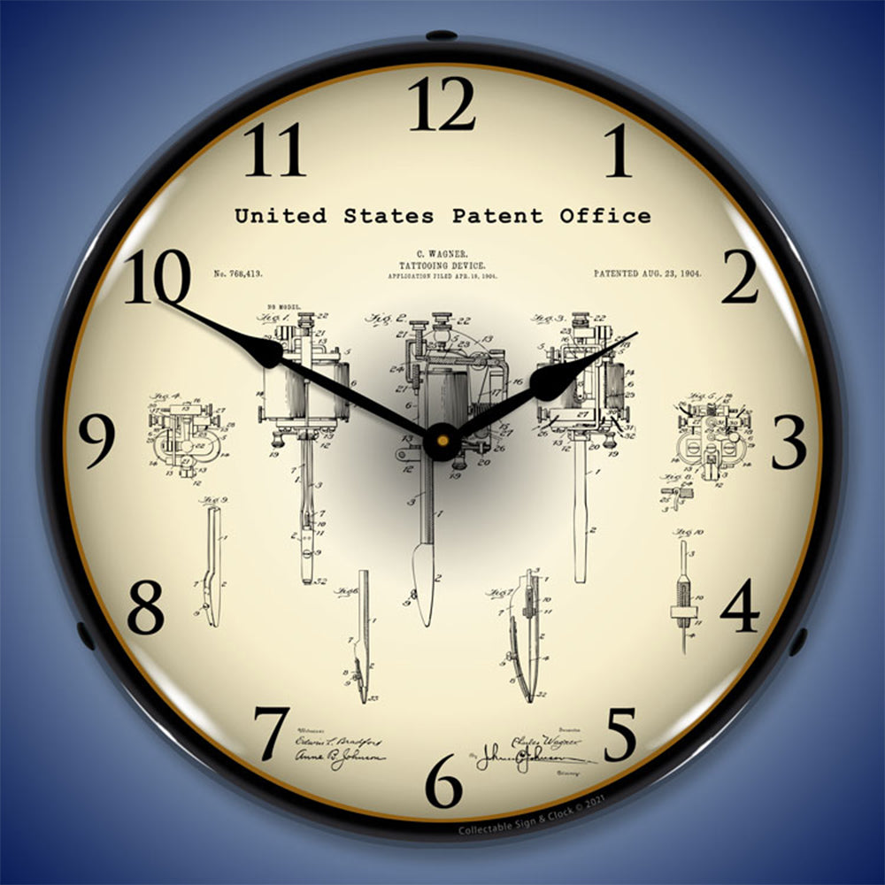 Wagner Tattoo Device 1904 Patent 14" LED Wall Clock