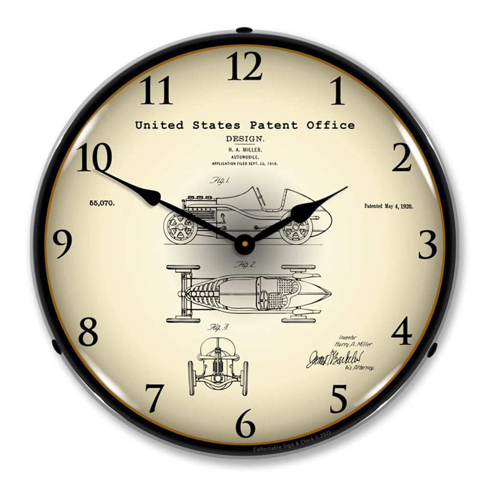 1920 H.A. Miller Race Car Patent 14" LED Wall Clock | Backlit Engineering Blueprint Signage for Professional Facilities