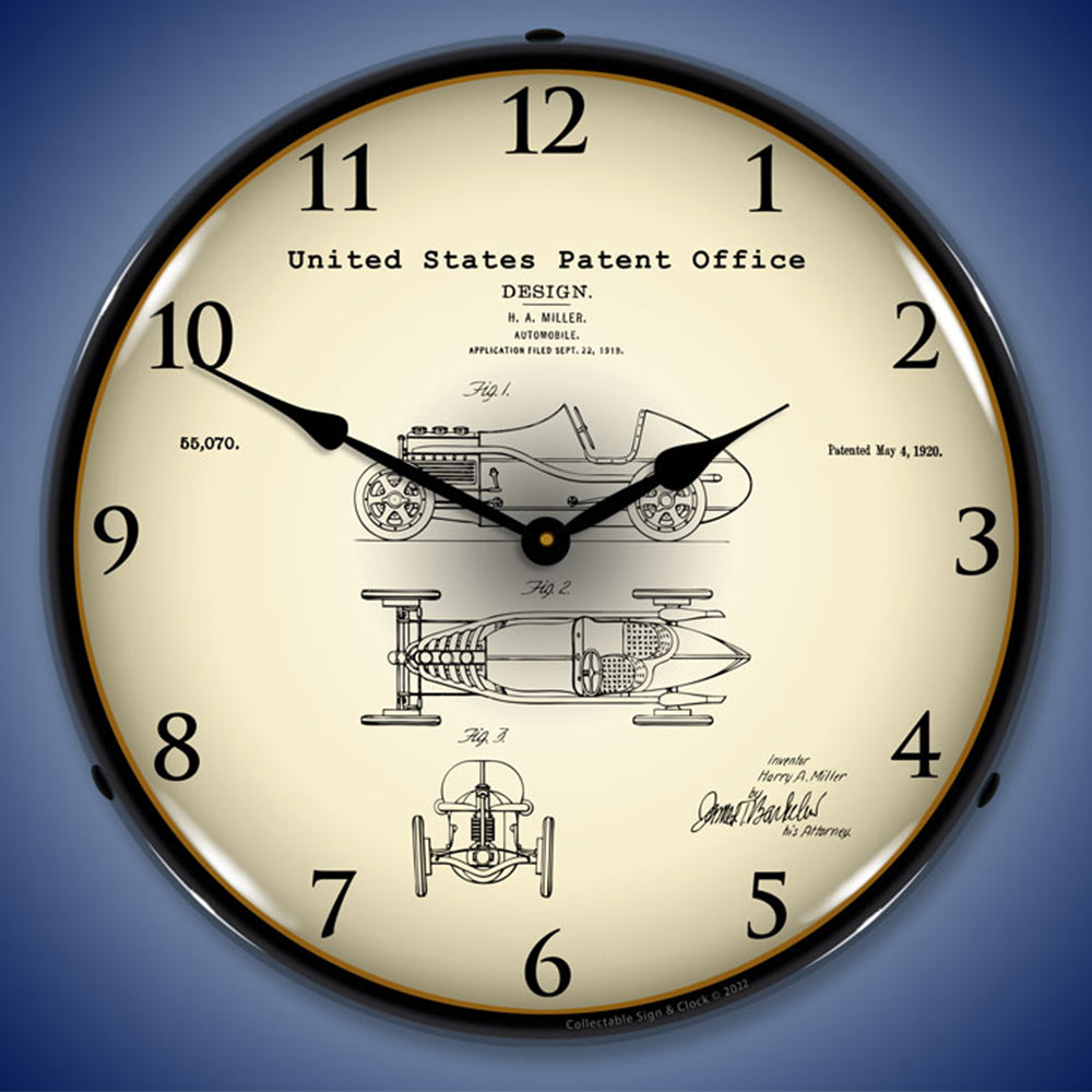 1920 H.A. Miller Race Car Patent 14" LED Wall Clock | Backlit Engineering Blueprint Signage for Professional Facilities