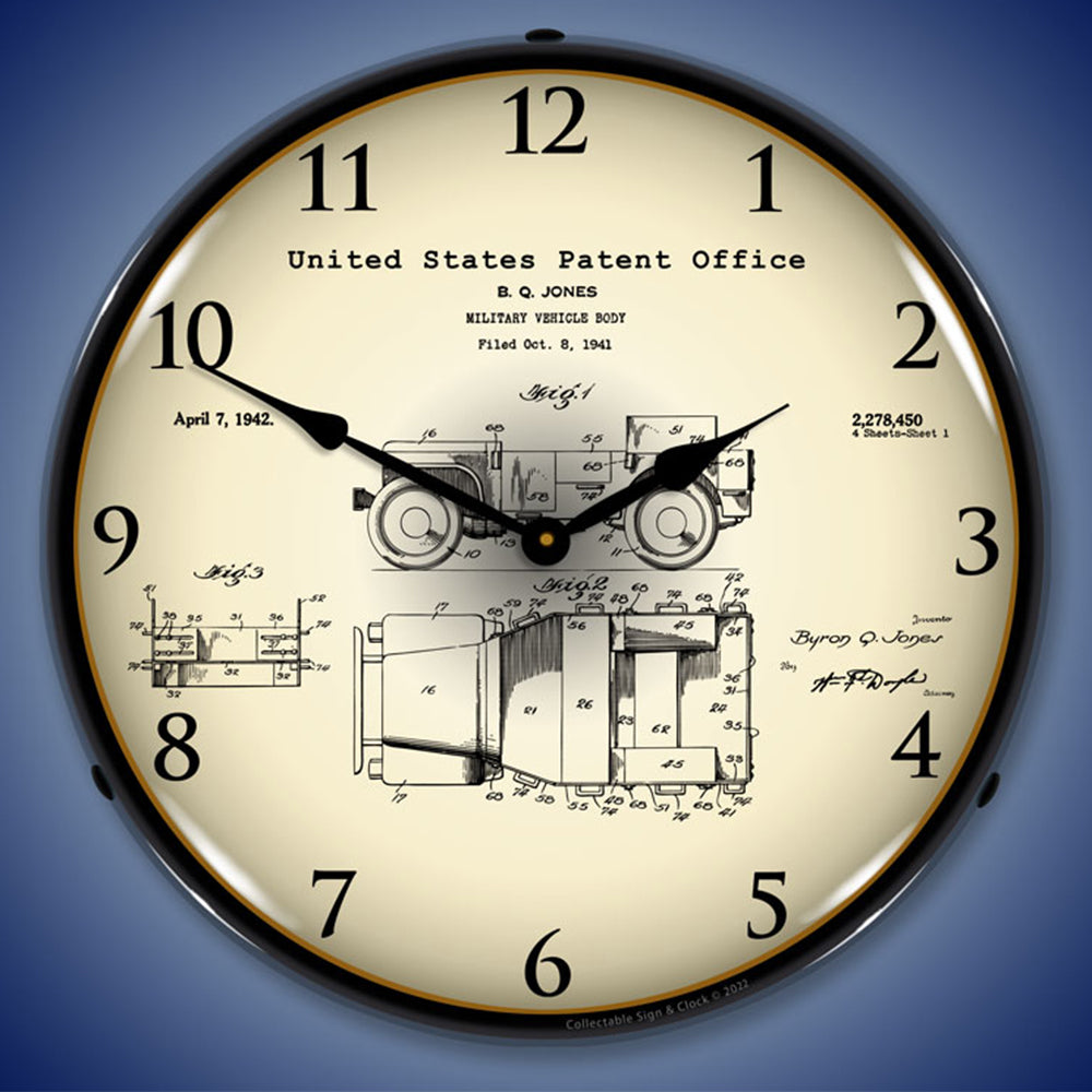 1941 Jeep Military Vehicle Patent 14" LED Wall Clock